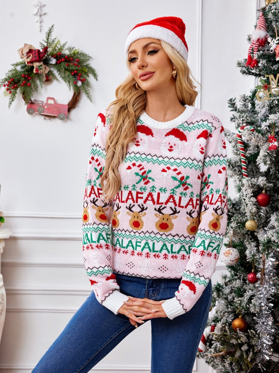 Christmas Element Round Neck Long Sleeve Sweater - S. M. & Co.