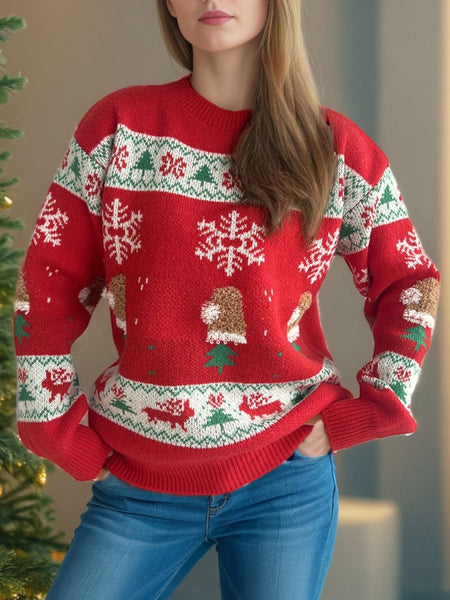 Christmas Element Round Neck Long Sleeve Sweater - S. M. & Co.