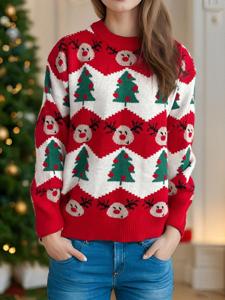 Christmas Element Round Neck Long Sleeve Sweater - S. M. & Co.