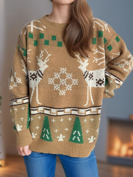 Christmas Element Round Neck Long Sleeve Sweater - S. M. & Co.