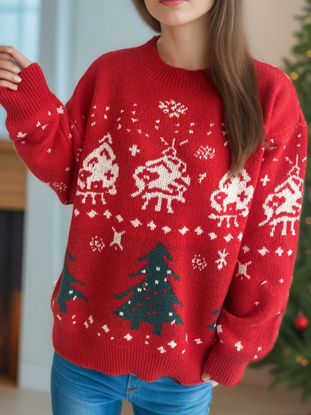 Christmas Element Round Neck Long Sleeve Sweater - S. M. & Co.