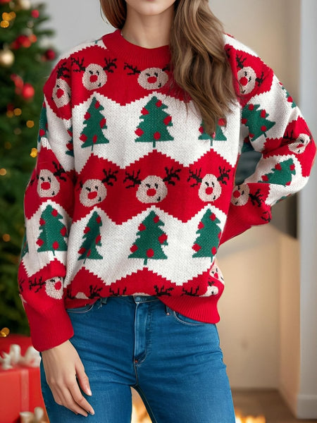 Christmas Element Round Neck Long Sleeve Sweater - S. M. & Co.