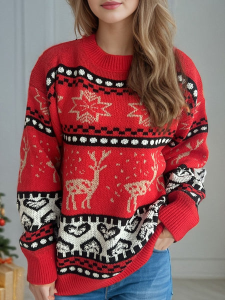 Christmas Element Round Neck Long Sleeve Sweater - S. M. & Co.