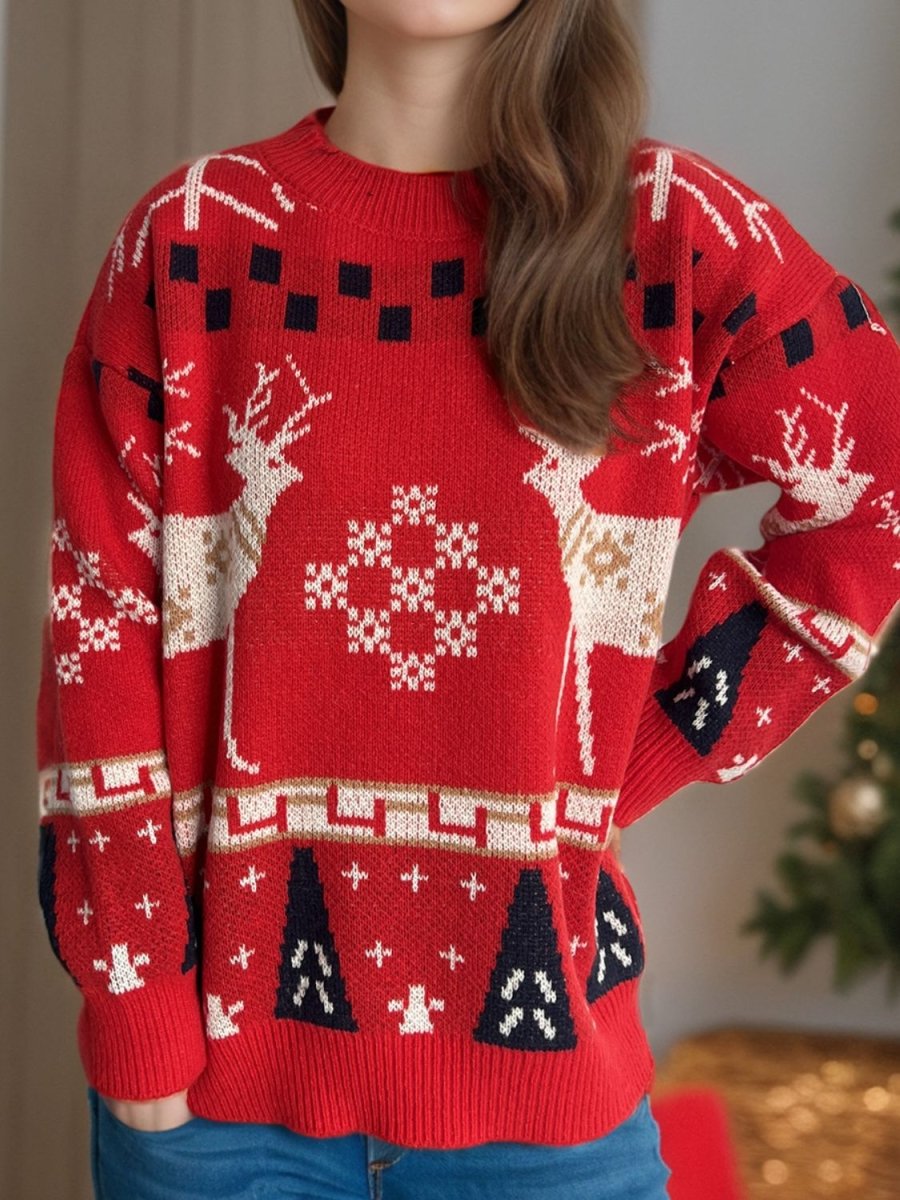 Christmas Element Round Neck Long Sleeve Sweater - S. M. & Co.