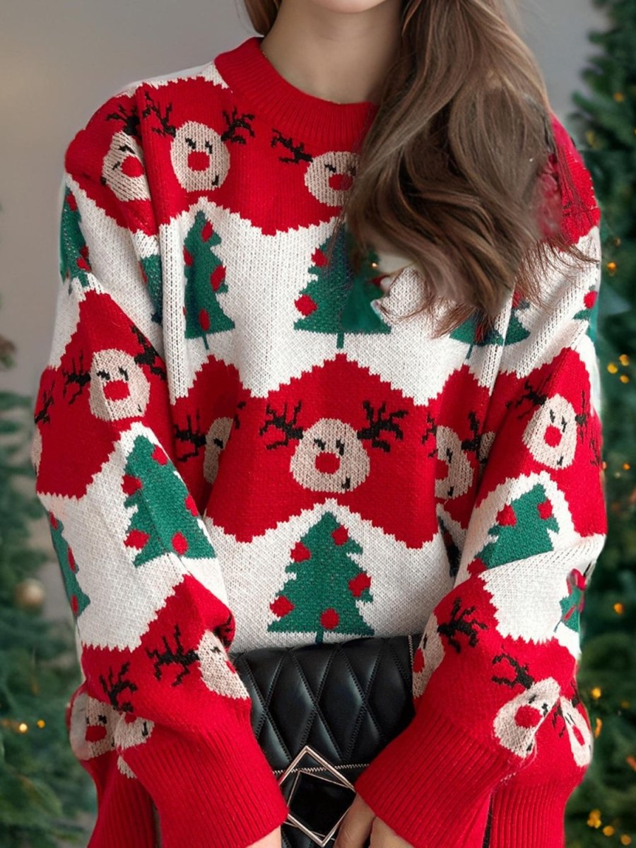 Christmas Element Round Neck Long Sleeve Sweater - S. M. & Co.