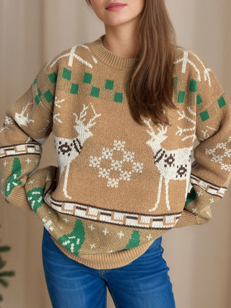 Christmas Element Round Neck Long Sleeve Sweater - S. M. & Co.