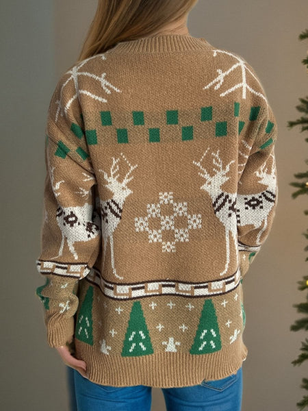 Christmas Element Round Neck Long Sleeve Sweater - S. M. & Co.