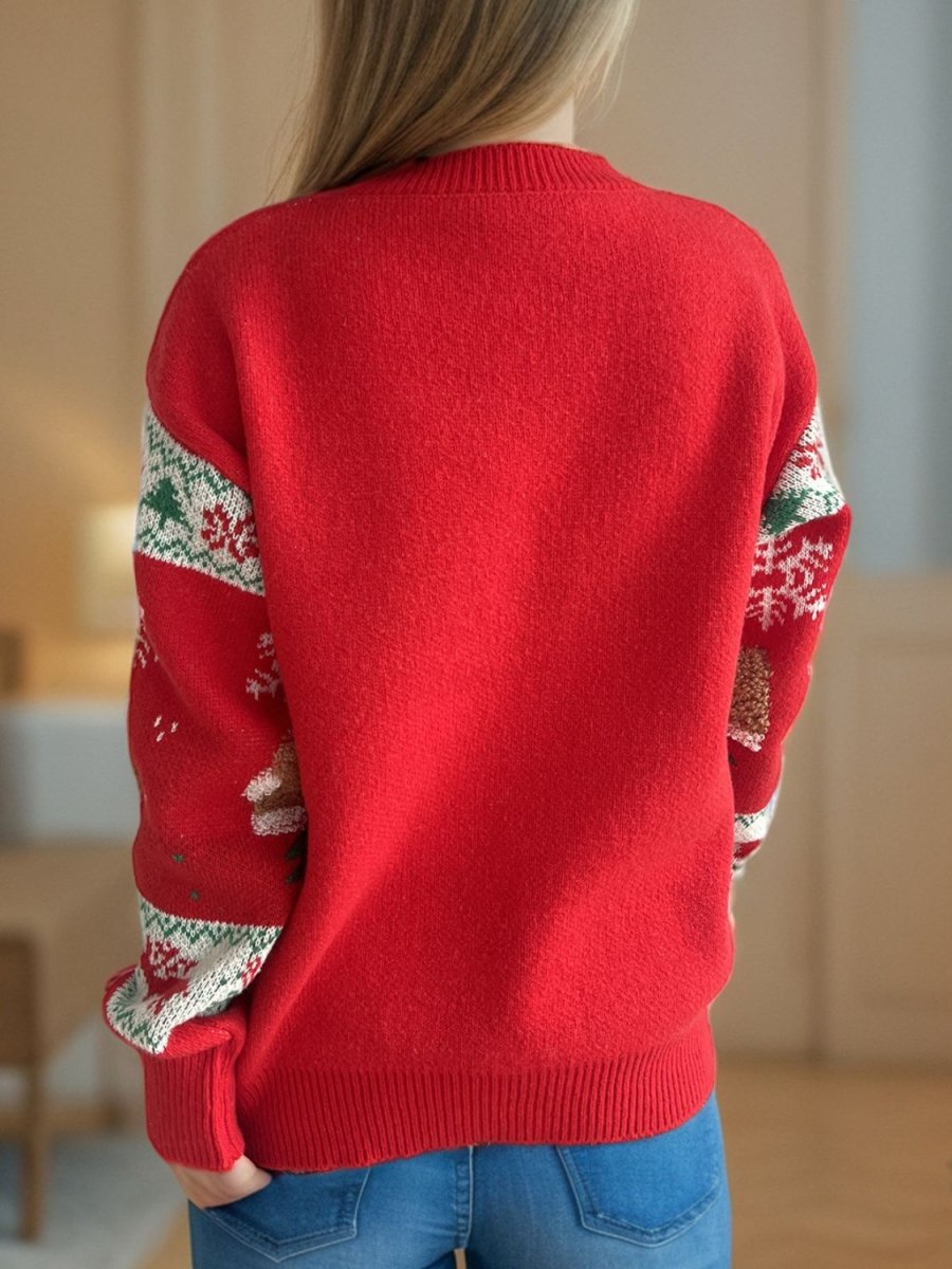 Christmas Element Round Neck Long Sleeve Sweater - S. M. & Co.