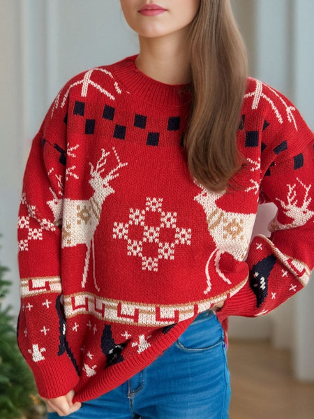 Christmas Element Round Neck Long Sleeve Sweater - S. M. & Co.