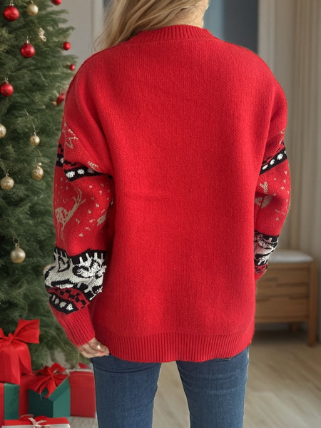 Christmas Element Round Neck Long Sleeve Sweater - S. M. & Co.