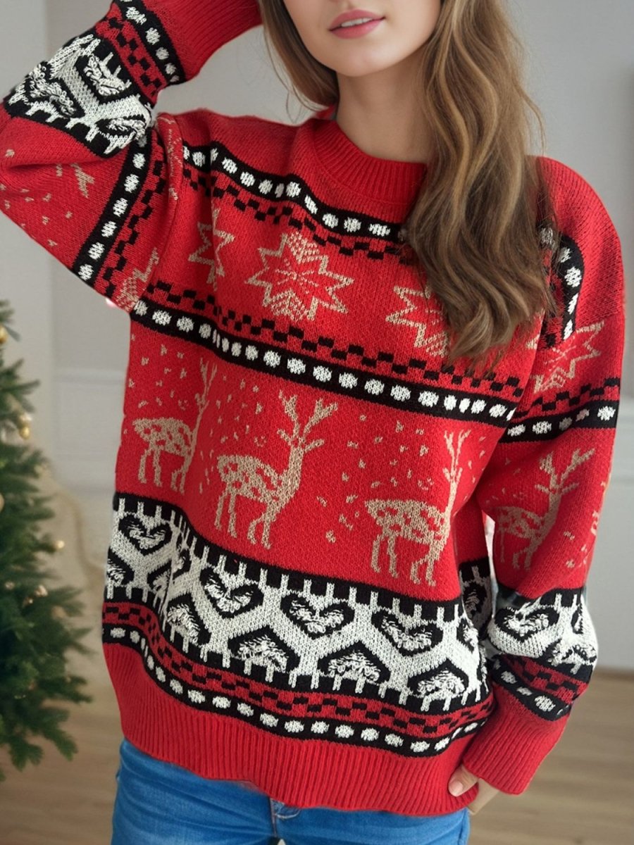 Christmas Element Round Neck Long Sleeve Sweater - S. M. & Co.