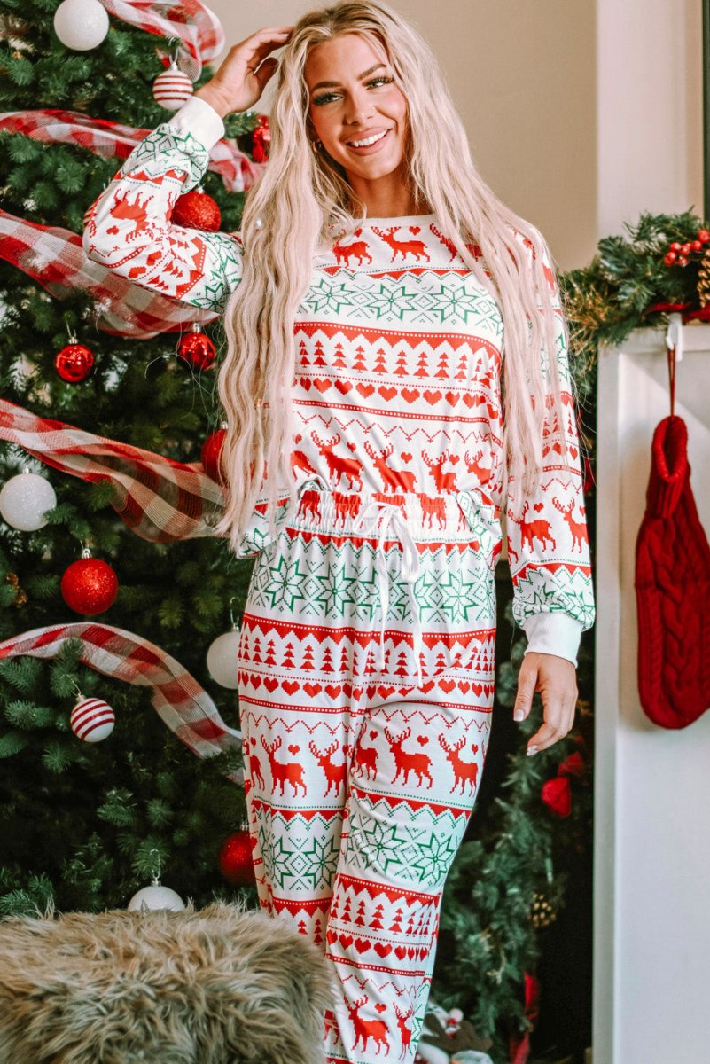 Christmas Element Round Neck Top and Pants Lounge Set - S. M. & Co.