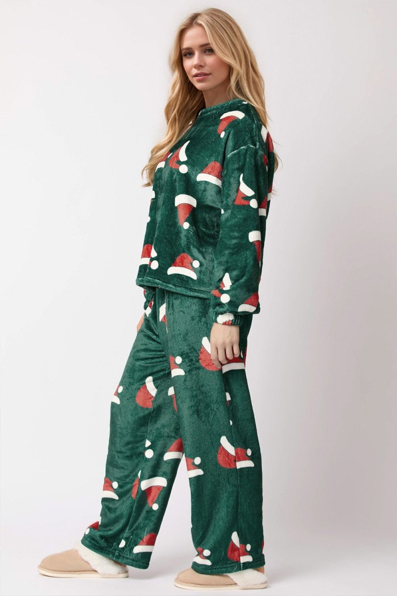 Christmas Hat Pattern Round Neck Long Sleeve Top and Pants Set - S. M. & Co.