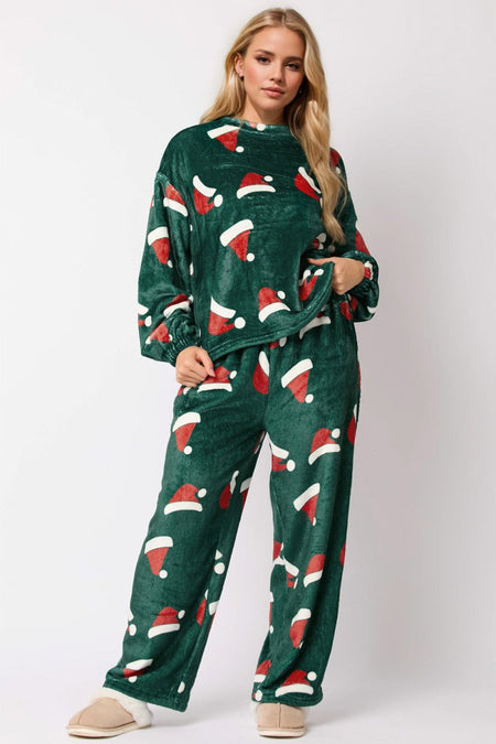 Christmas Hat Pattern Round Neck Long Sleeve Top and Pants Set - S. M. & Co.