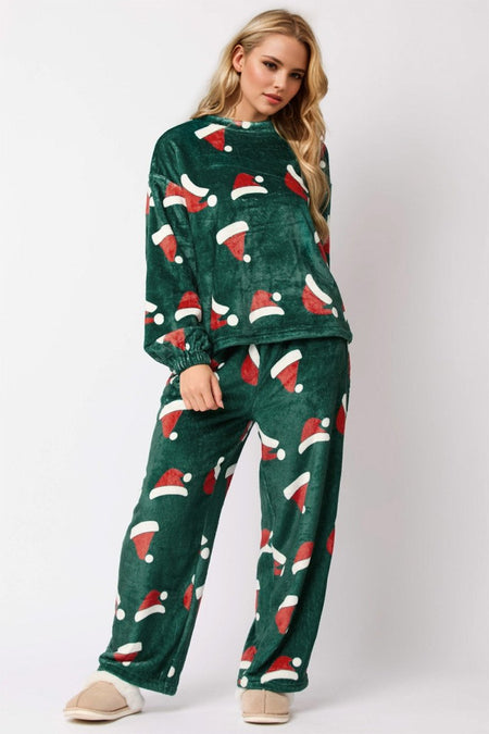 Christmas Hat Pattern Round Neck Long Sleeve Top and Pants Set - S. M. & Co.