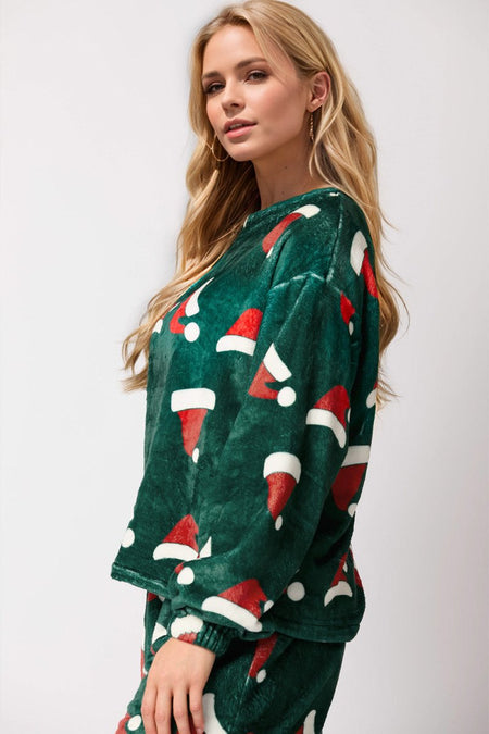 Christmas Hat Pattern Round Neck Long Sleeve Top and Pants Set - S. M. & Co.