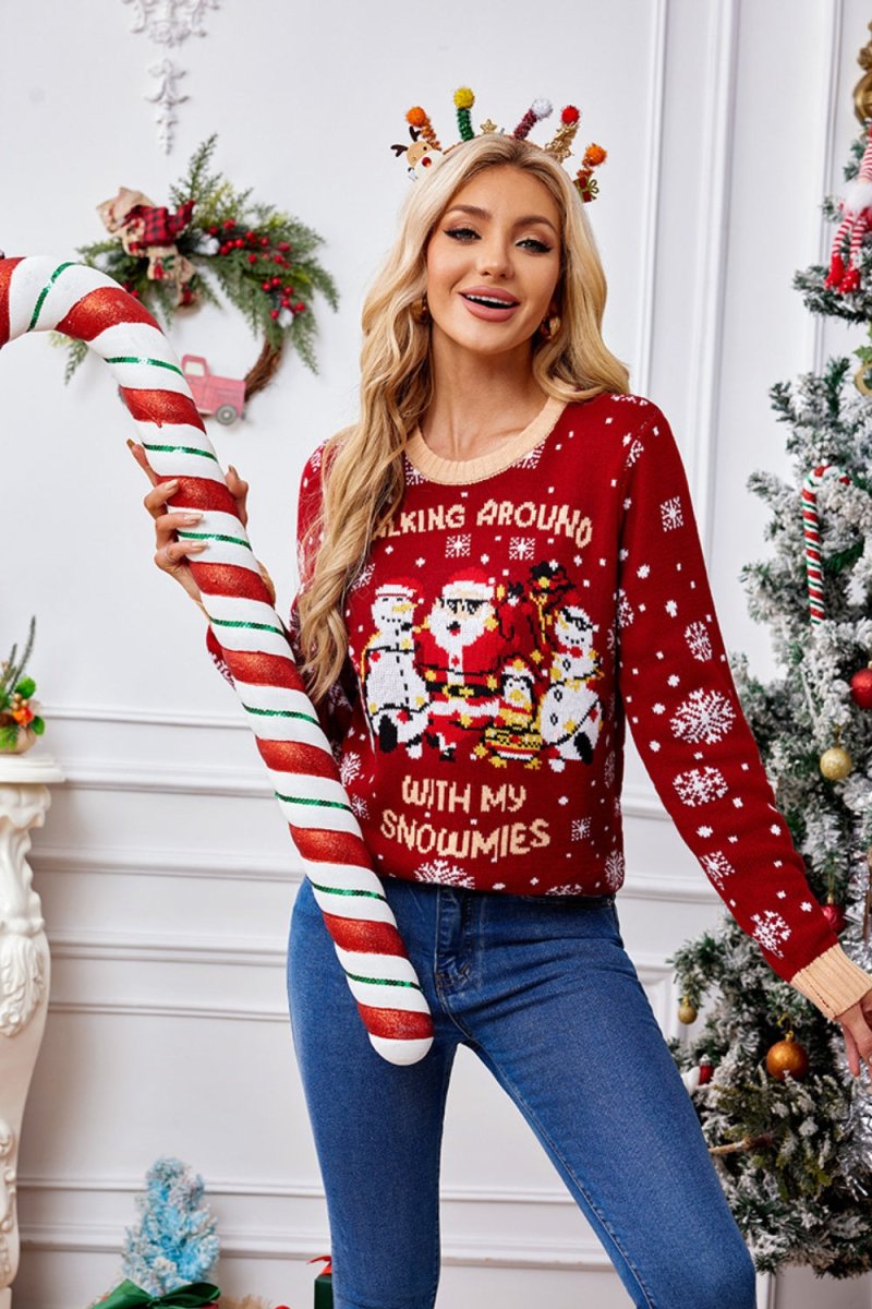 Christmas Pattern Round Neck Long Sleeve Sweater - S. M. & Co.