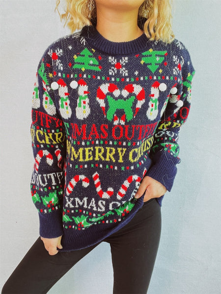 Christmas Pattern Round Neck Long Sleeve Sweater - S. M. & Co.