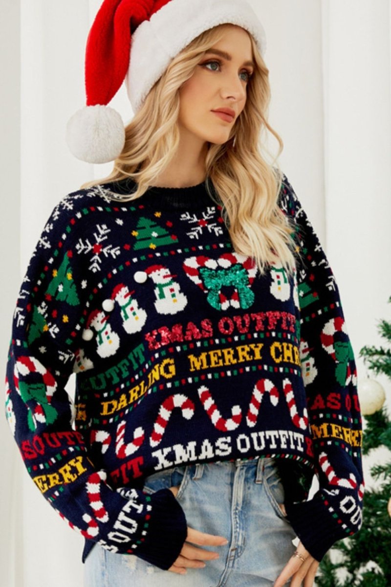 Christmas Print Crewneck Dropped Shoulder Sweater - S. M. & Co.