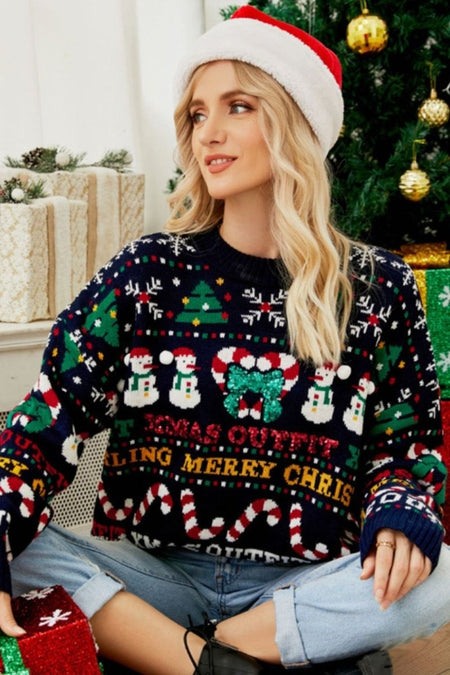 Christmas Print Crewneck Dropped Shoulder Sweater - S. M. & Co.