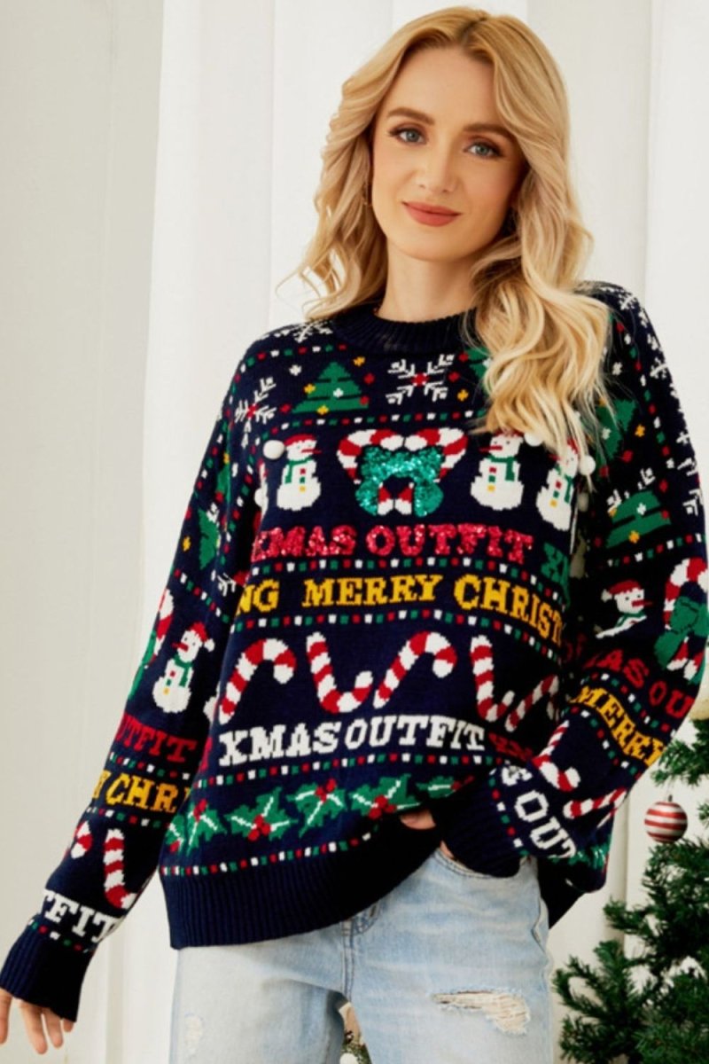 Christmas Print Crewneck Dropped Shoulder Sweater - S. M. & Co.