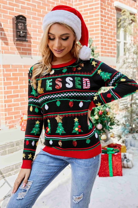 Christmas Print Sequin Round Neck Sweater - S. M. & Co.