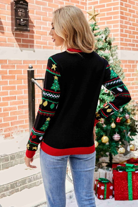 Christmas Print Sequin Round Neck Sweater - S. M. & Co.