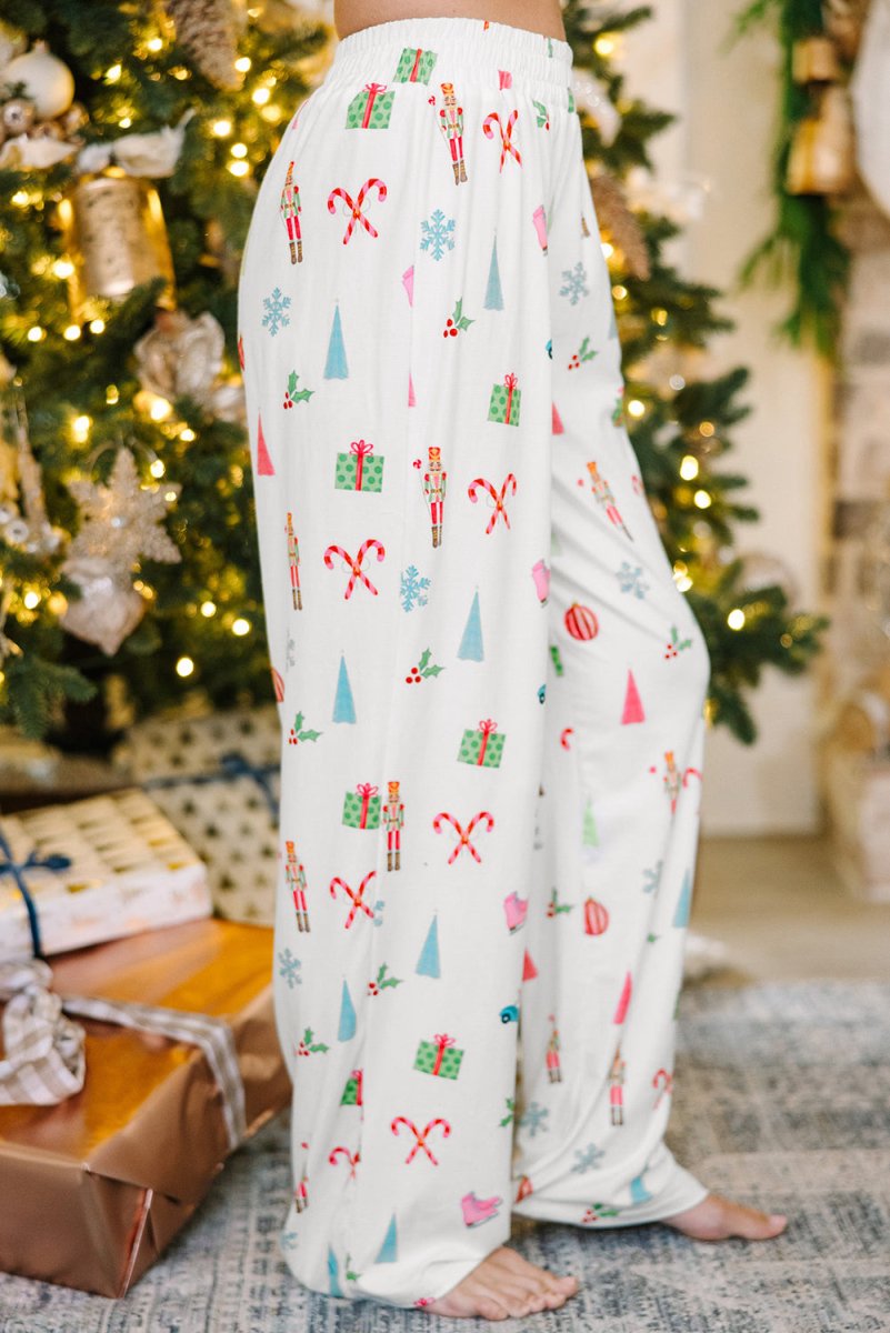 Christmas Printed Collared Neck Top and Pants Lounge Set - S. M. & Co.