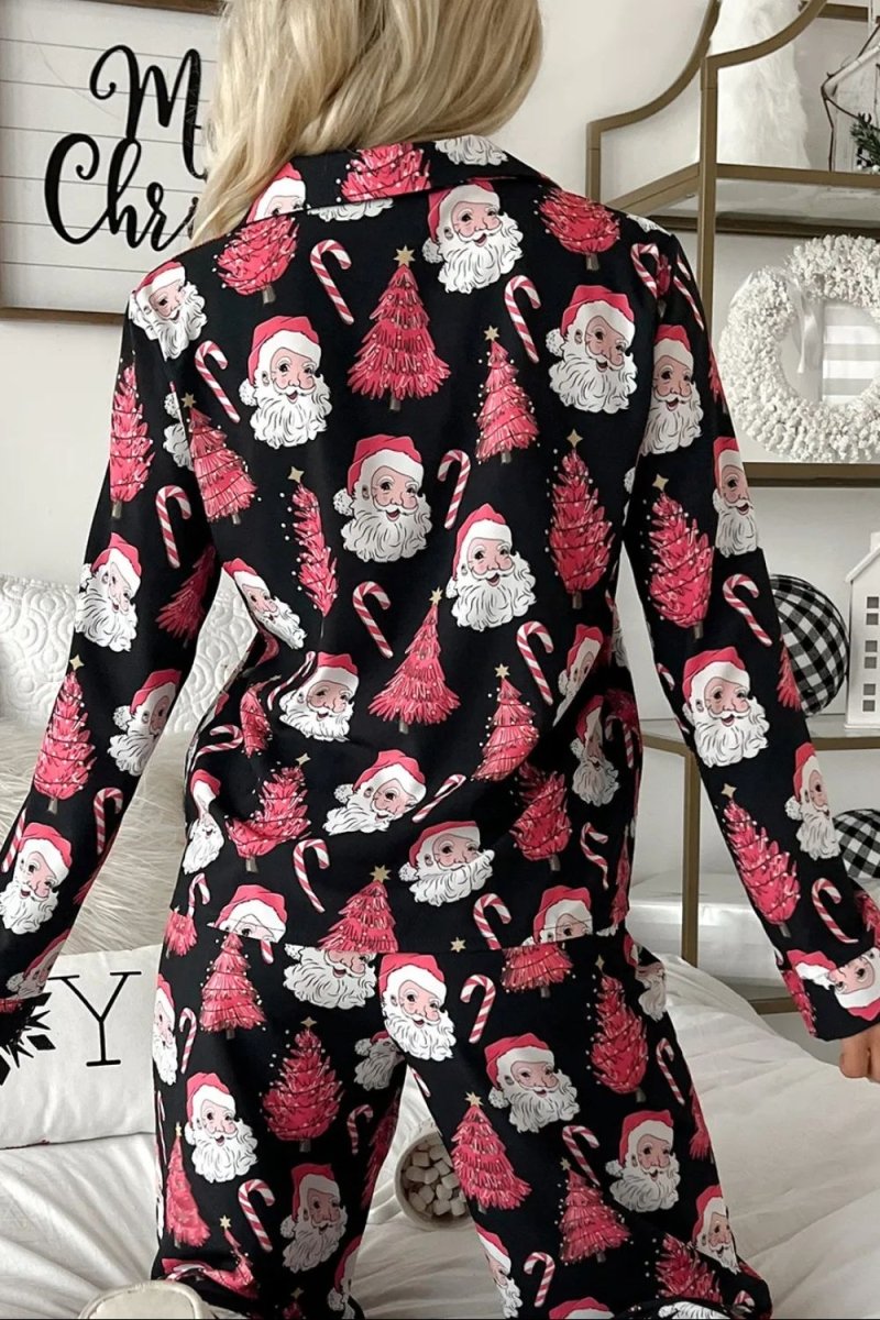 Christmas Printed Collared Neck Top and Pants Lounge Set - S. M. & Co.