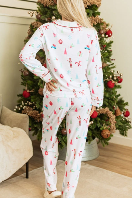 Christmas Printed Collared Neck Top and Pants Lounge Set - S. M. & Co.