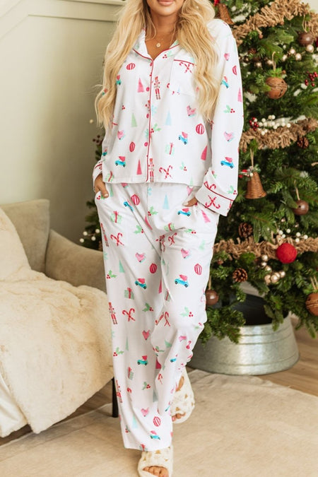 Christmas Printed Collared Neck Top and Pants Lounge Set - S. M. & Co.