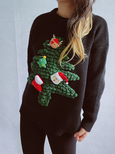 Christmas Tree Round Neck Long Sleeve Sweater - S. M. & Co.