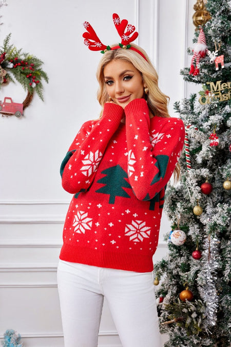 Christmas Tree Round Neck Long Sleeve Sweater - S. M. & Co.