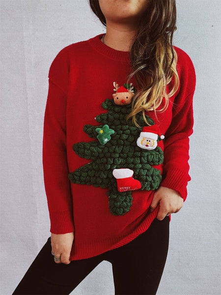 Christmas Tree Round Neck Long Sleeve Sweater - S. M. & Co.