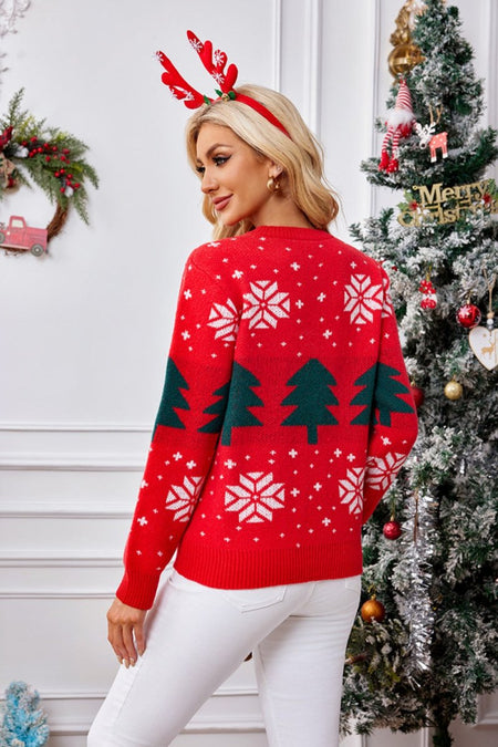 Christmas Tree Round Neck Long Sleeve Sweater - S. M. & Co.