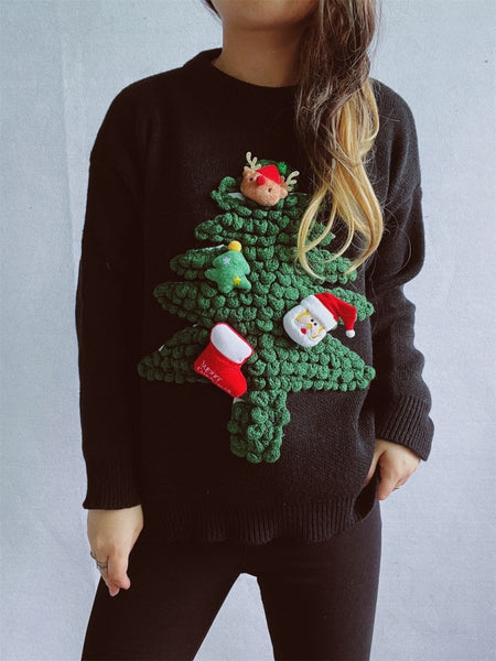 Christmas Tree Round Neck Long Sleeve Sweater - S. M. & Co.