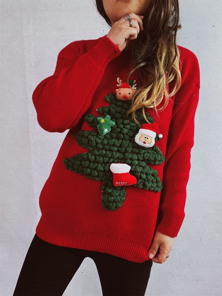 Christmas Tree Round Neck Long Sleeve Sweater - S. M. & Co.