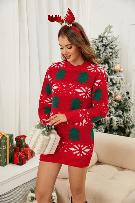 Christmas Tree Round Neck Sweater Dress - S. M. & Co.