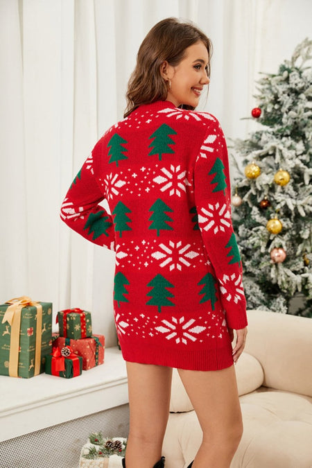 Christmas Tree Round Neck Sweater Dress - S. M. & Co.