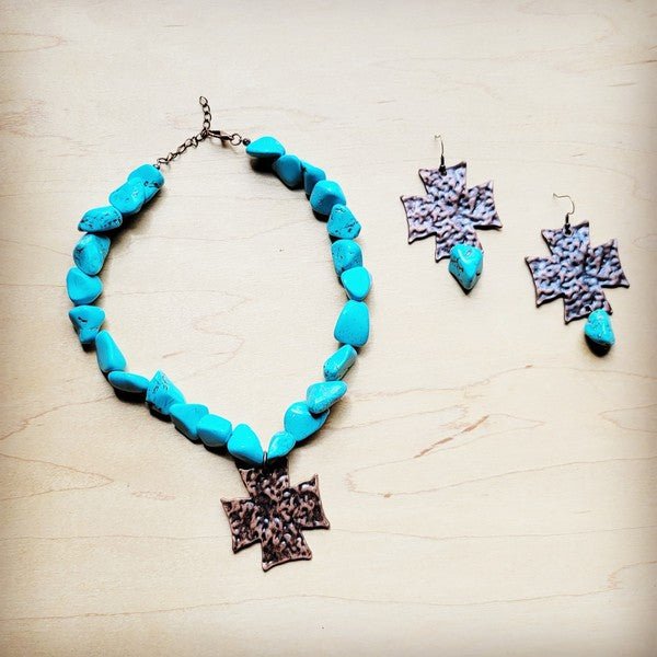 Chunky Blue Turquoise Collar Necklace Cross Pendan - S. M. & Co. Necklace