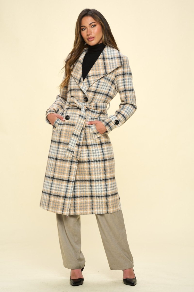 Coalition LA Double-Breasted Plaid Coat with Belt - S. M. & Co. Coat