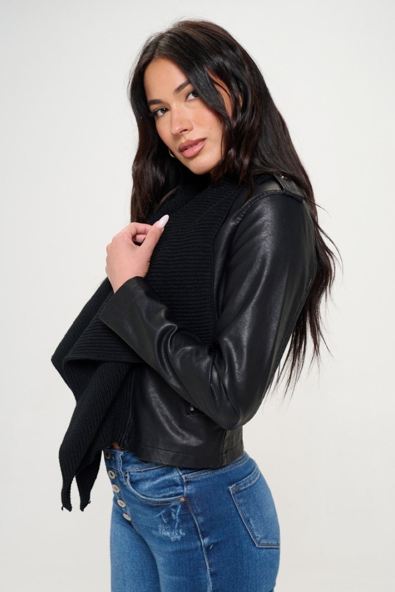 Coalition LA Knit Collared Vegan Leather Crop Jacket - S. M. & Co. Leather Jacket