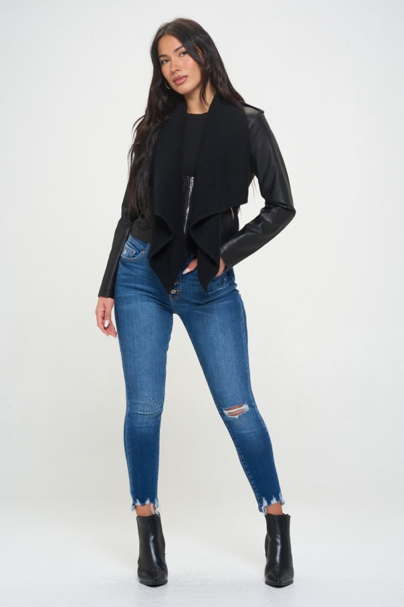 Coalition LA Knit Collared Vegan Leather Crop Jacket - S. M. & Co. Leather Jacket