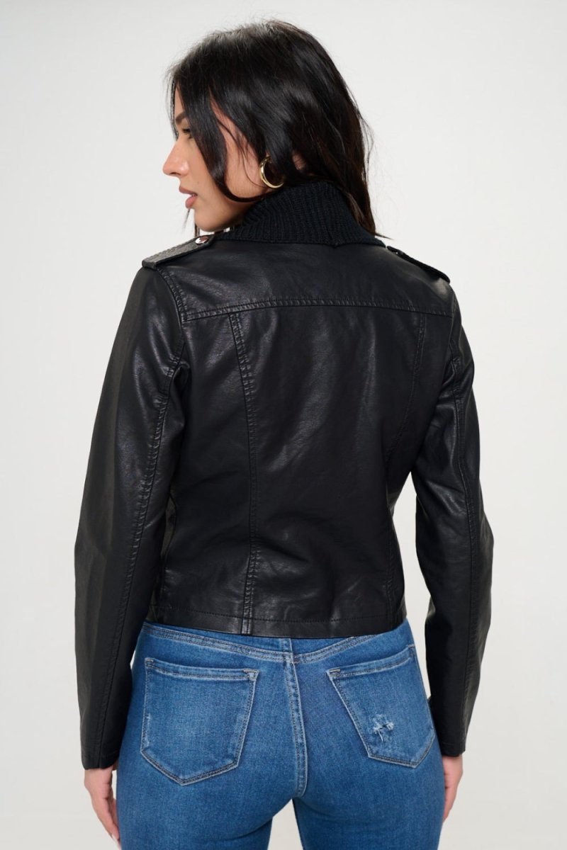 Coalition LA Knit Collared Vegan Leather Crop Jacket - S. M. & Co. Leather Jacket