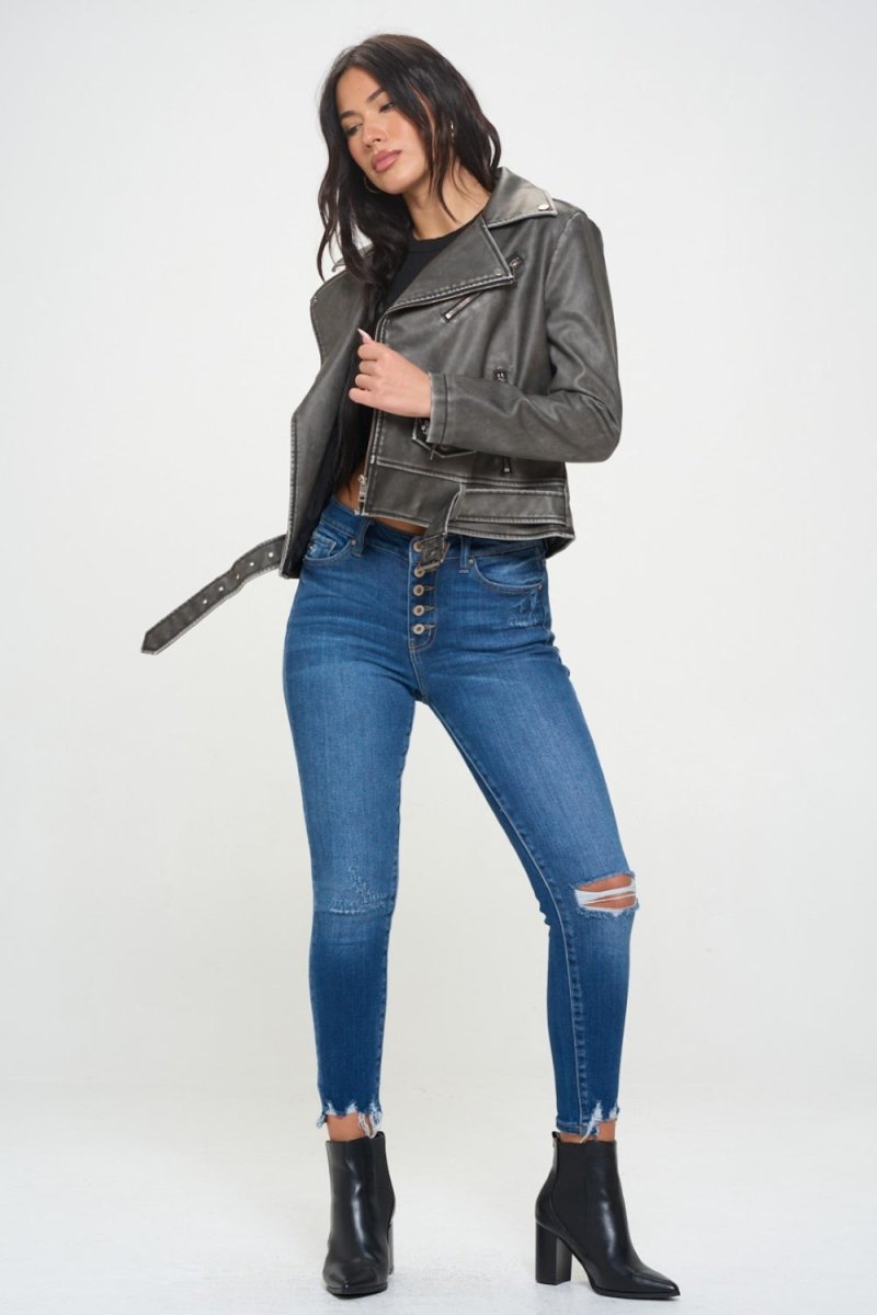 Coalition LA Zip Up Biker Jacket with Belt - S. M. & Co. Biker Jacket