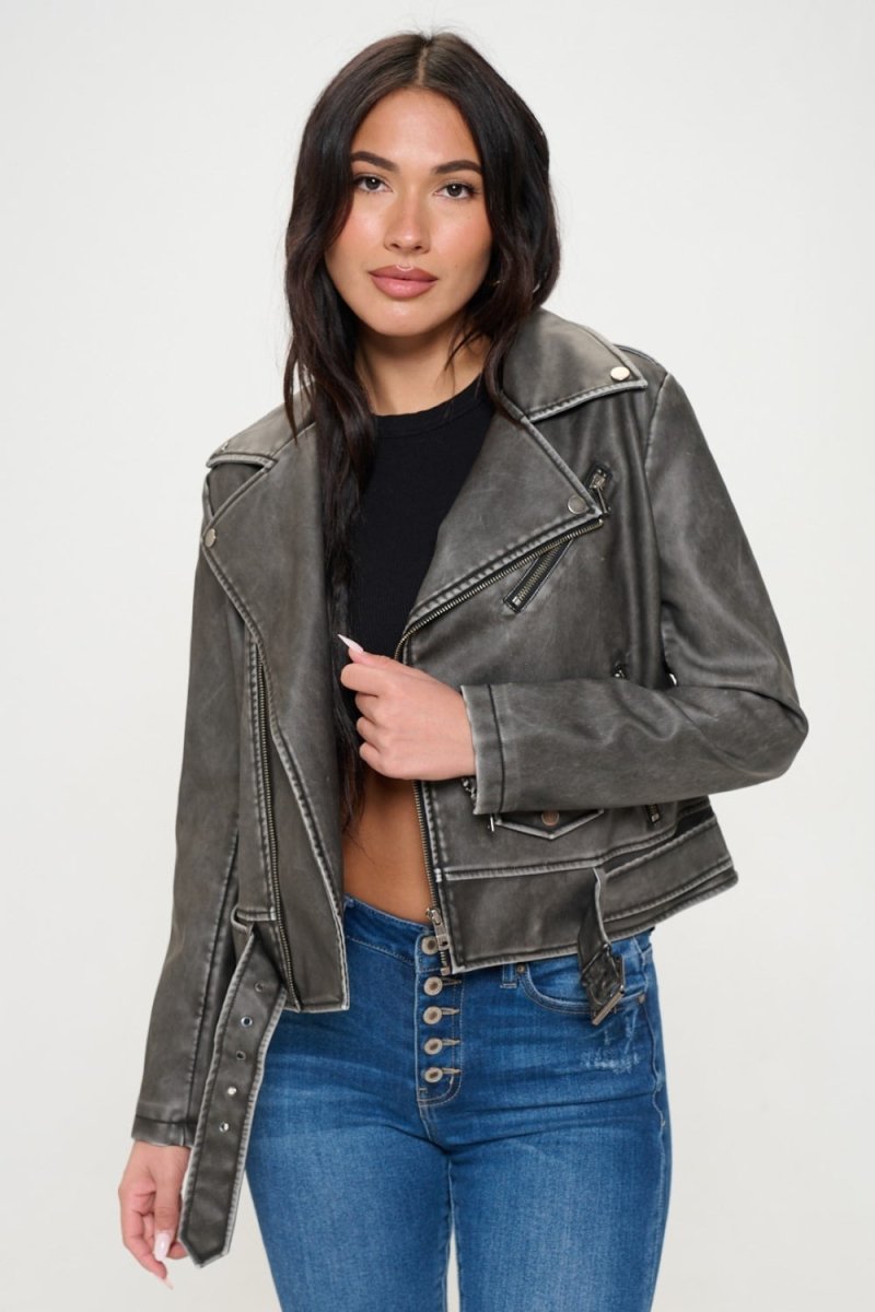 Coalition LA Zip Up Biker Jacket with Belt - S. M. & Co. Biker Jacket