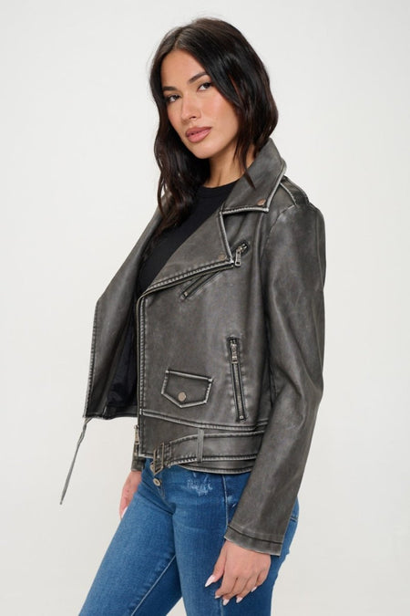 Coalition LA Zip Up Biker Jacket with Belt - S. M. & Co. Biker Jacket