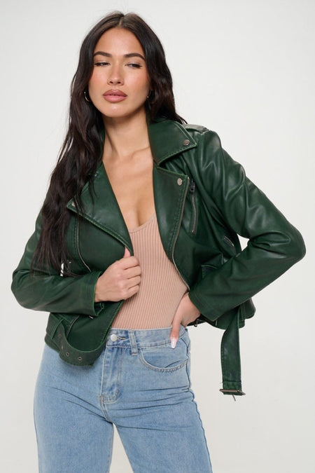 Coalition LA Zip Up Biker Jacket with Belt - S. M. & Co. Biker Jacket