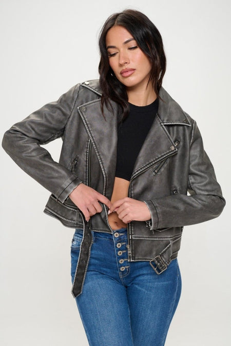 Coalition LA Zip Up Biker Jacket with Belt - S. M. & Co. Biker Jacket