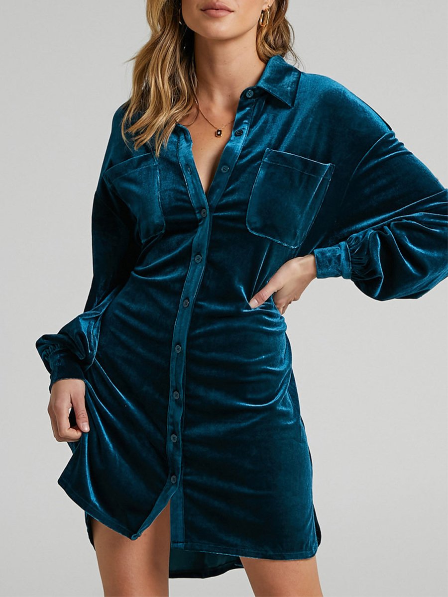 Collared Neck Button Down Long Sleeve Mini Dress - S. M. & Co.